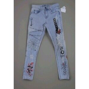Ninth Hall Rogue Jeans Sz 30 Graffiti Denim w/Clover, Barbed Wire, Global Prints